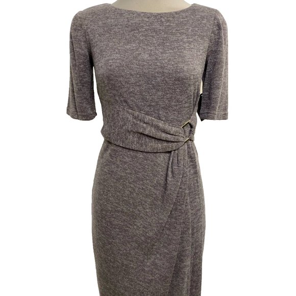 Ellen Tracy NWT Taupe Sweater Dress Accentuated Waist Gold Buckle - Picture 6 of 7